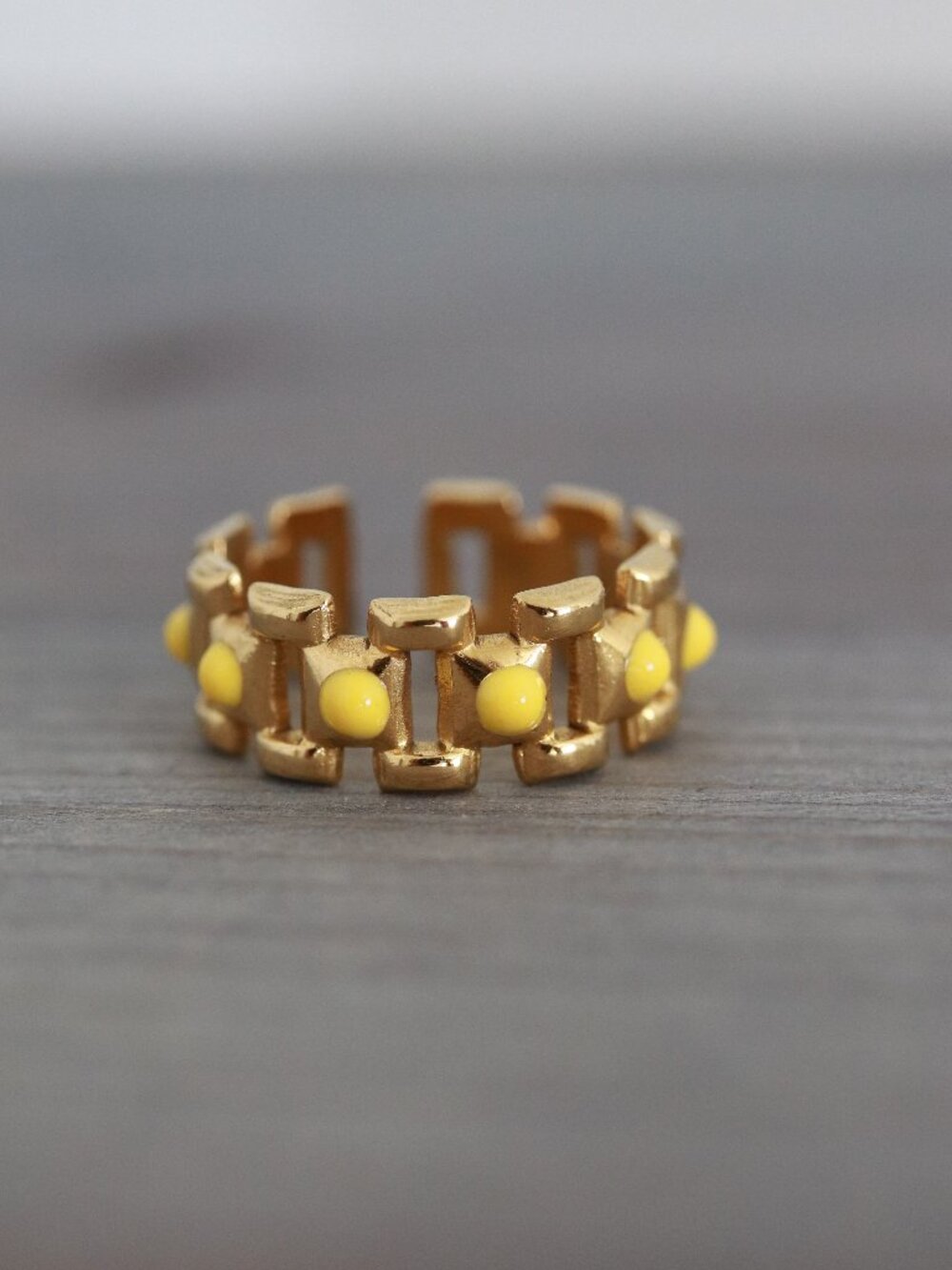 Yellow Beads Square Link Style Wide Cuff Ring 18k Gold Plated Stainless Steel